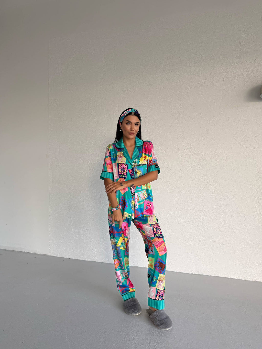 4 Parça Premium Saten Pijama Seti | Toka & Bandana Dahil ✨