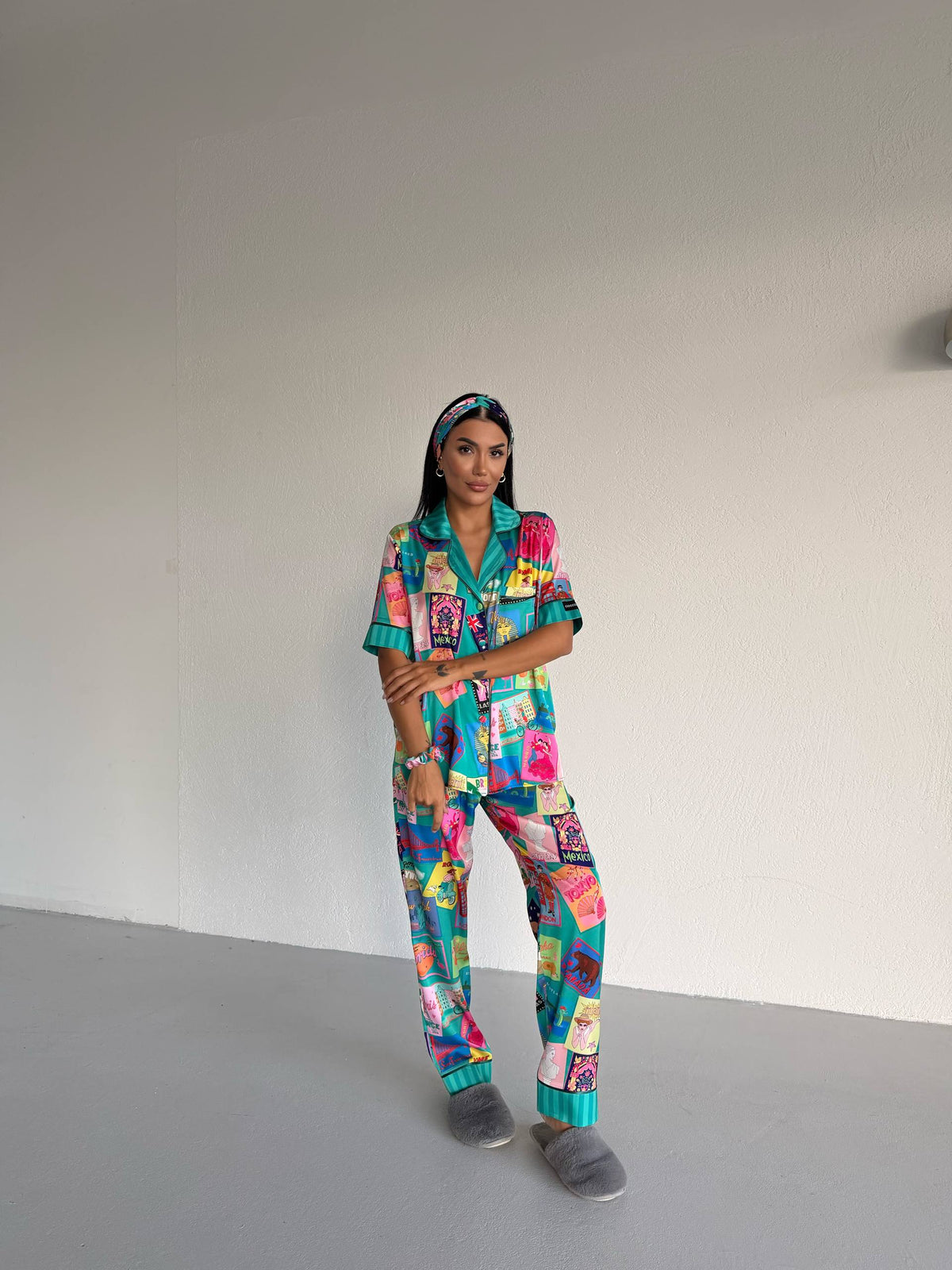 4 Parça Premium Saten Pijama Seti | Toka & Bandana Dahil ✨