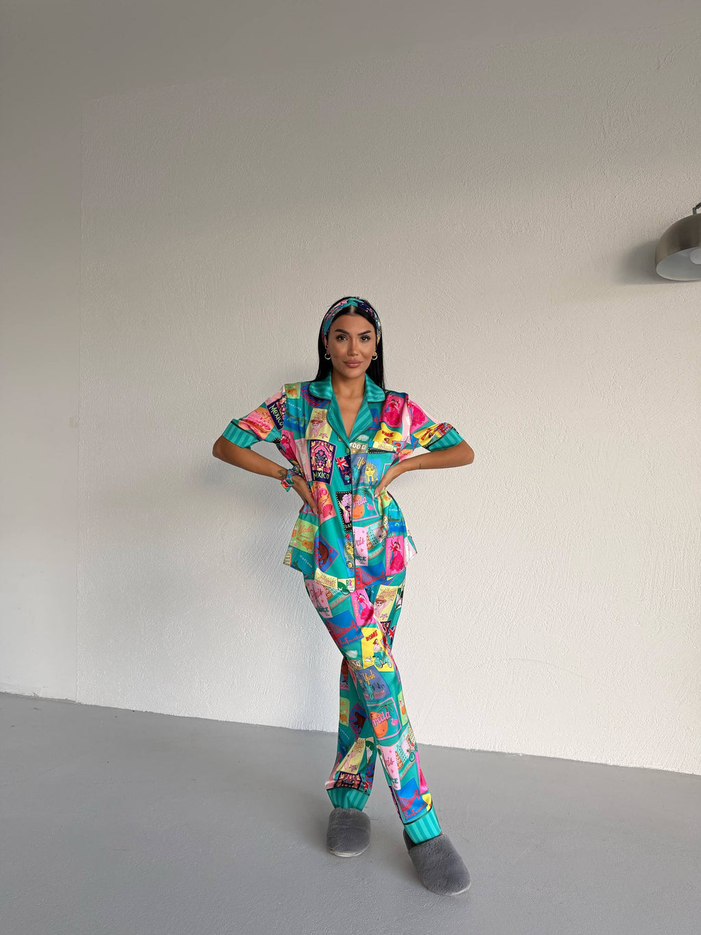 4 Parça Premium Saten Pijama Seti | Toka & Bandana Dahil ✨