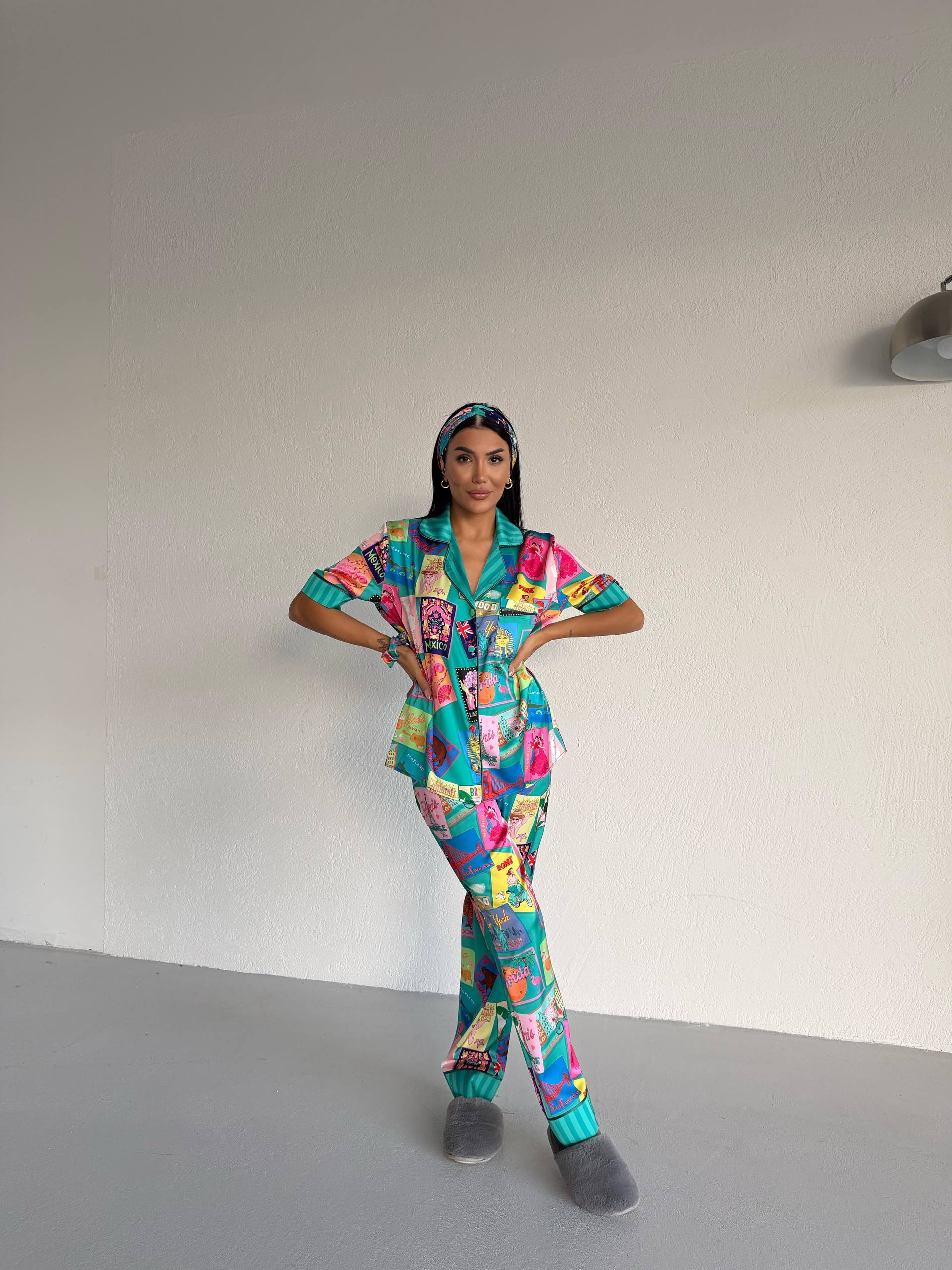 4 Parça Premium Saten Pijama Seti | Toka & Bandana Dahil ✨