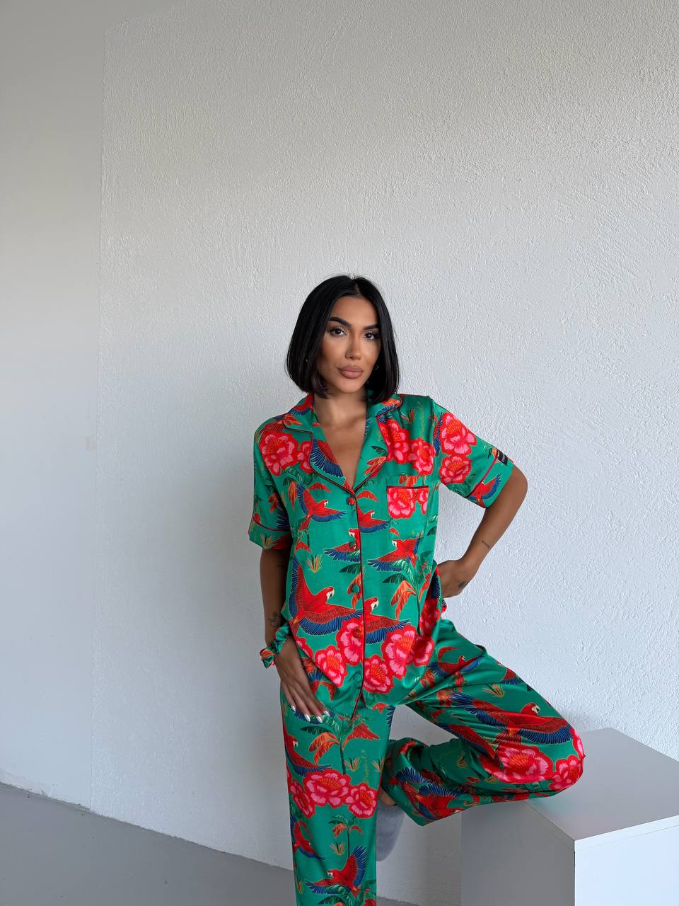 4 Parça Premium Saten Pijama Seti | Toka & Bandana Dahil ✨