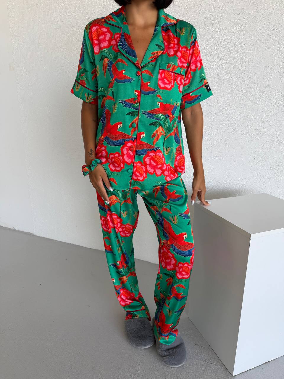 4 Parça Premium Saten Pijama Seti | Toka & Bandana Dahil ✨