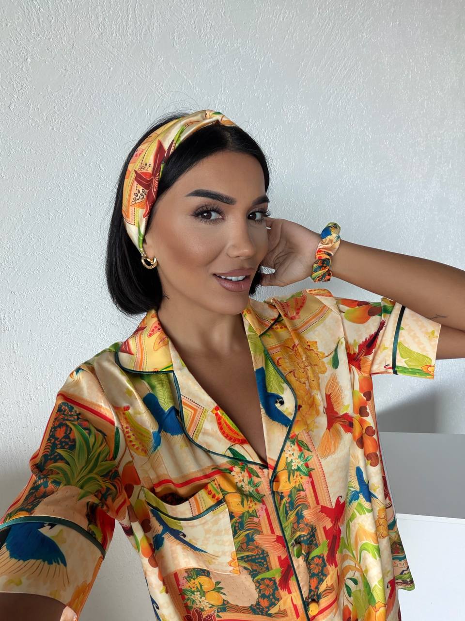 4 Parça Premium Saten Pijama Seti | Toka & Bandana Dahil ✨