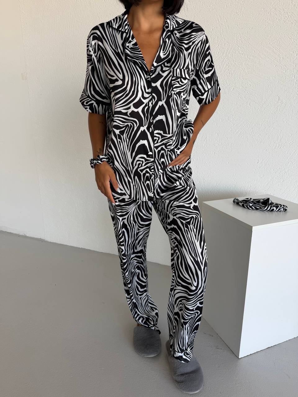 4 Parça Premium Saten Pijama Seti | Toka & Bandana Dahil ✨