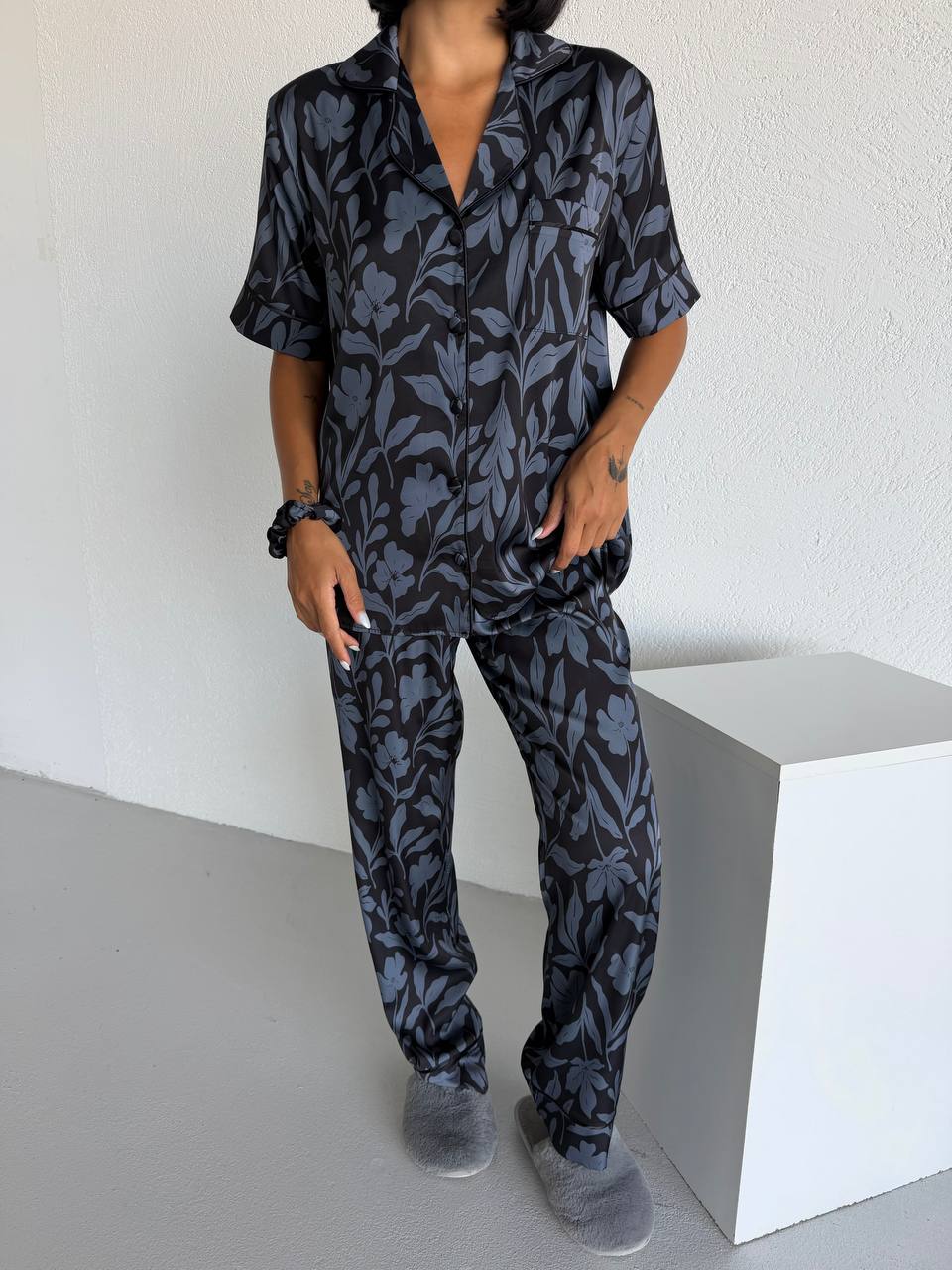 4 Parça Premium Saten Pijama Seti | Toka & Bandana Dahil ✨