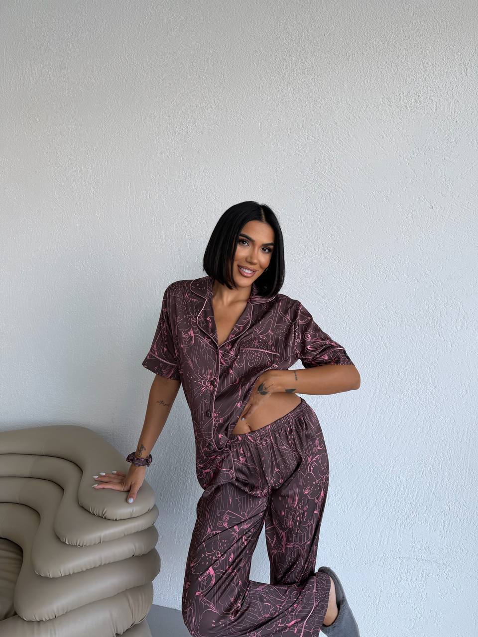 4 Parça Premium Saten Pijama Seti | Toka & Bandana Dahil ✨