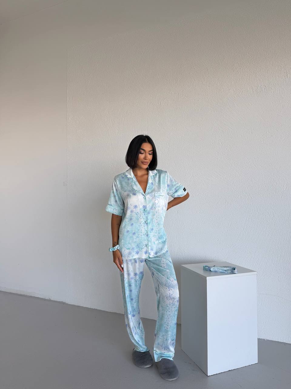 4 Parça Premium Saten Pijama Seti | Toka & Bandana Dahil ✨
