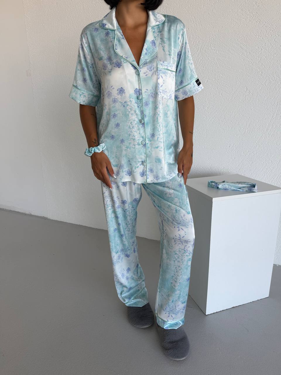 4 Parça Premium Saten Pijama Seti | Toka & Bandana Dahil ✨
