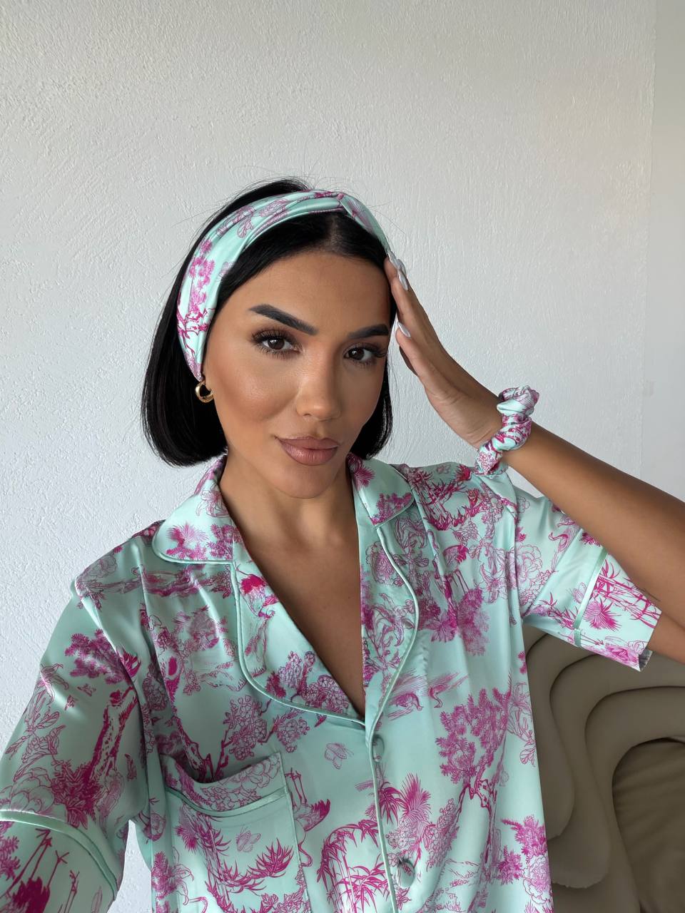 4 Parça Premium Saten Pijama Seti | Toka & Bandana Dahil ✨