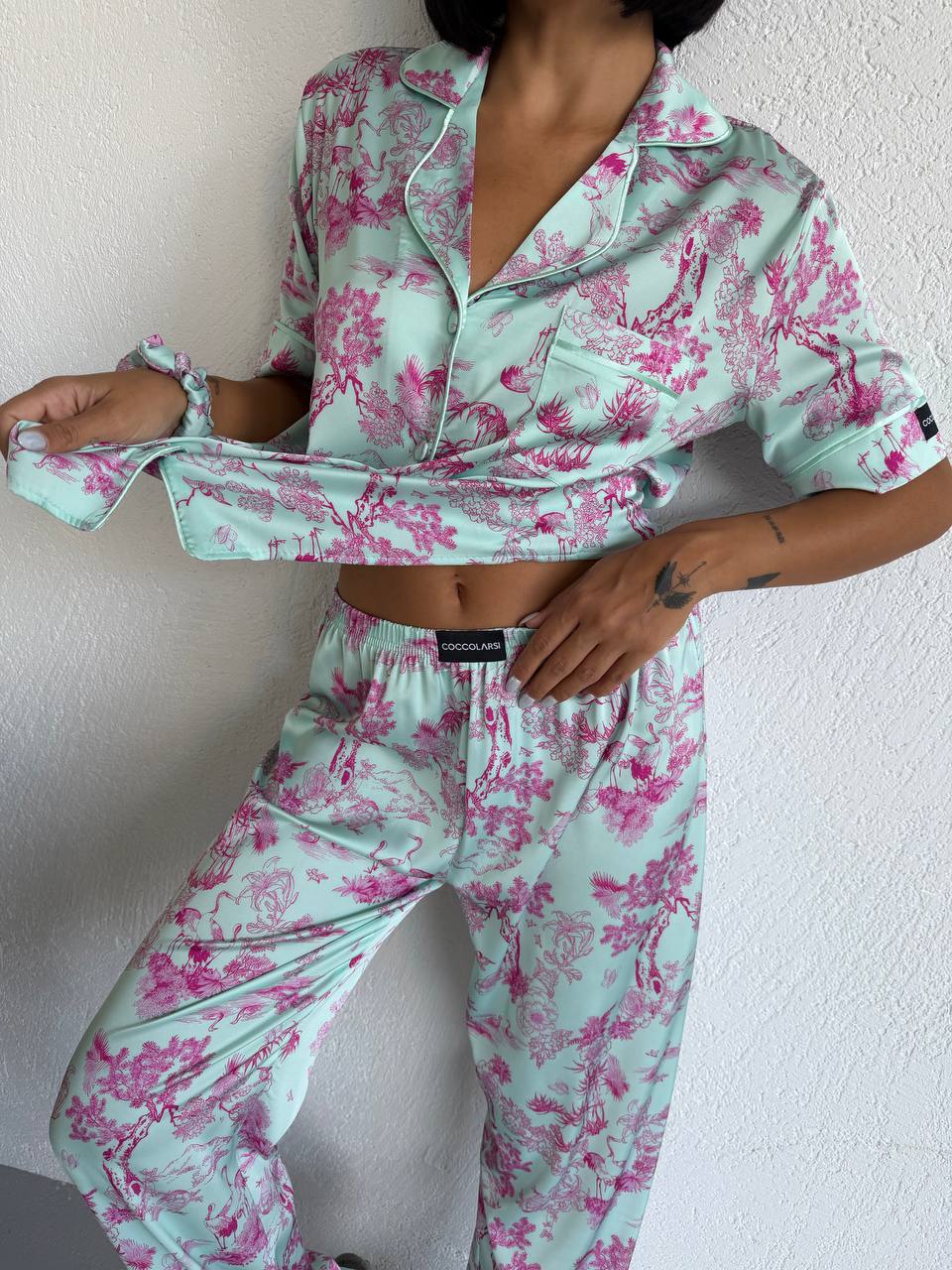 4 Parça Premium Saten Pijama Seti | Toka & Bandana Dahil ✨