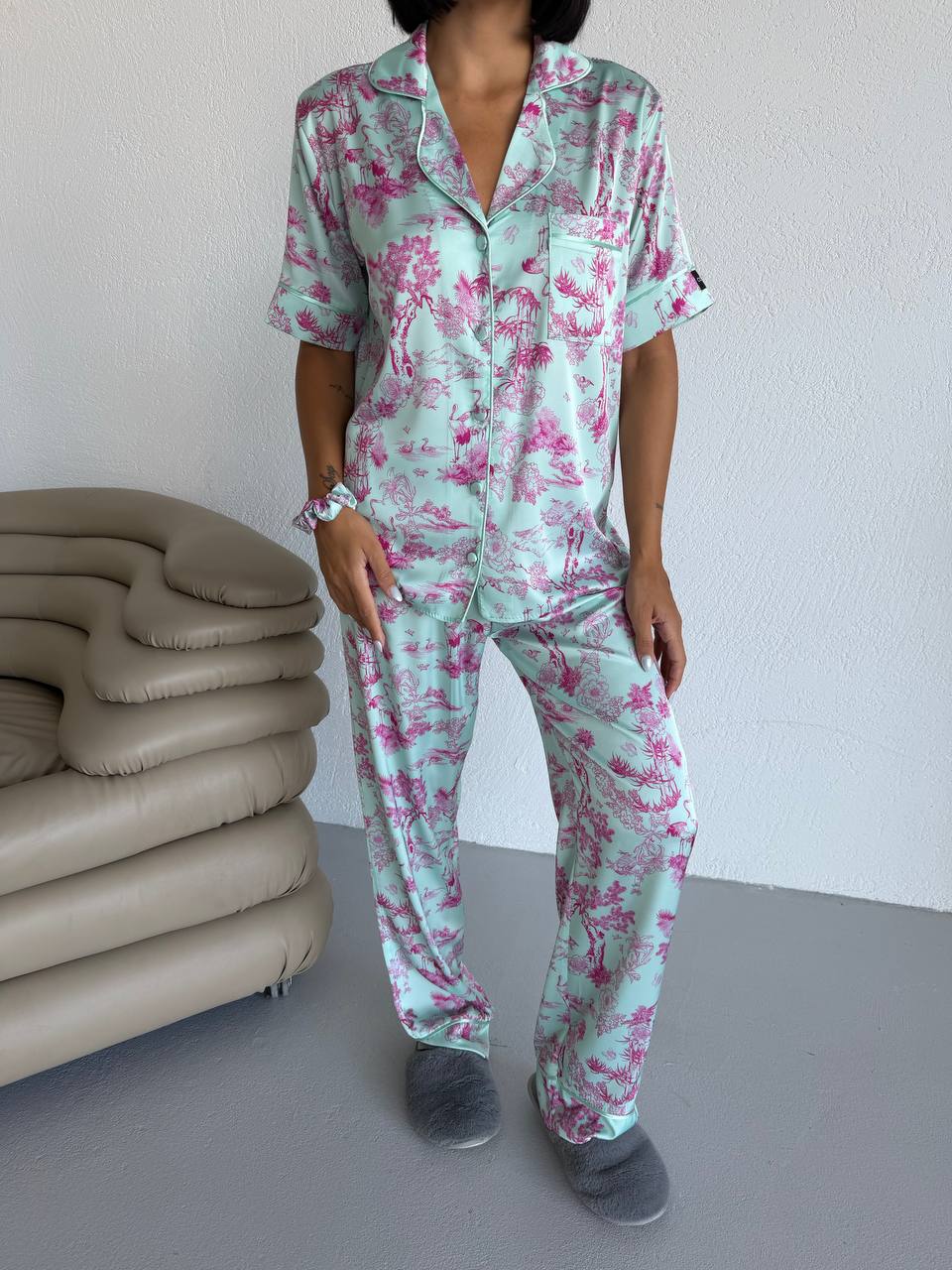 4 Parça Premium Saten Pijama Seti | Toka & Bandana Dahil ✨