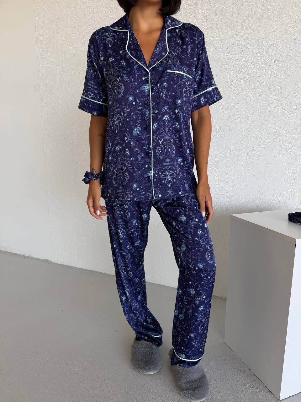 4 Parça Premium Saten Pijama Seti | Toka & Bandana Dahil ✨