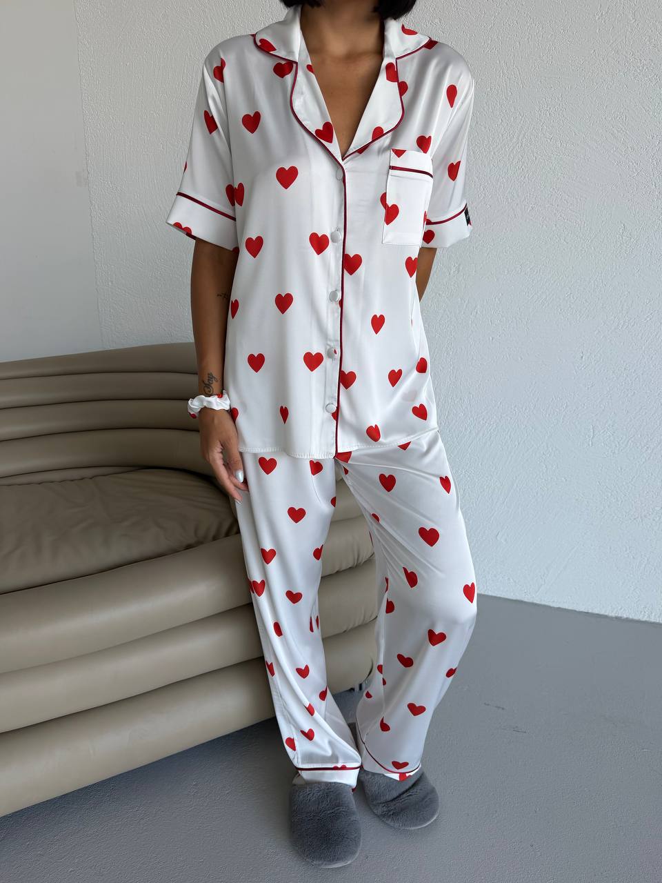 4 Parça Premium Saten Pijama Seti | Toka & Bandana Dahil ✨