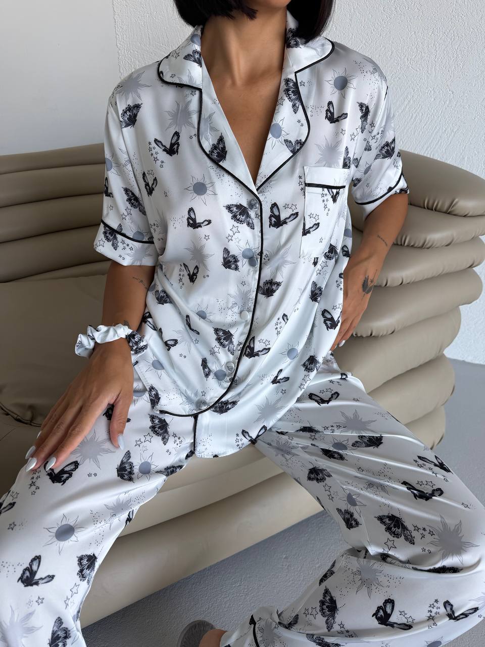 4 Parça Premium Saten Pijama Seti | Toka & Bandana Dahil ✨