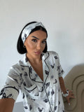 4 Parça Premium Saten Pijama Seti | Toka & Bandana Dahil ✨