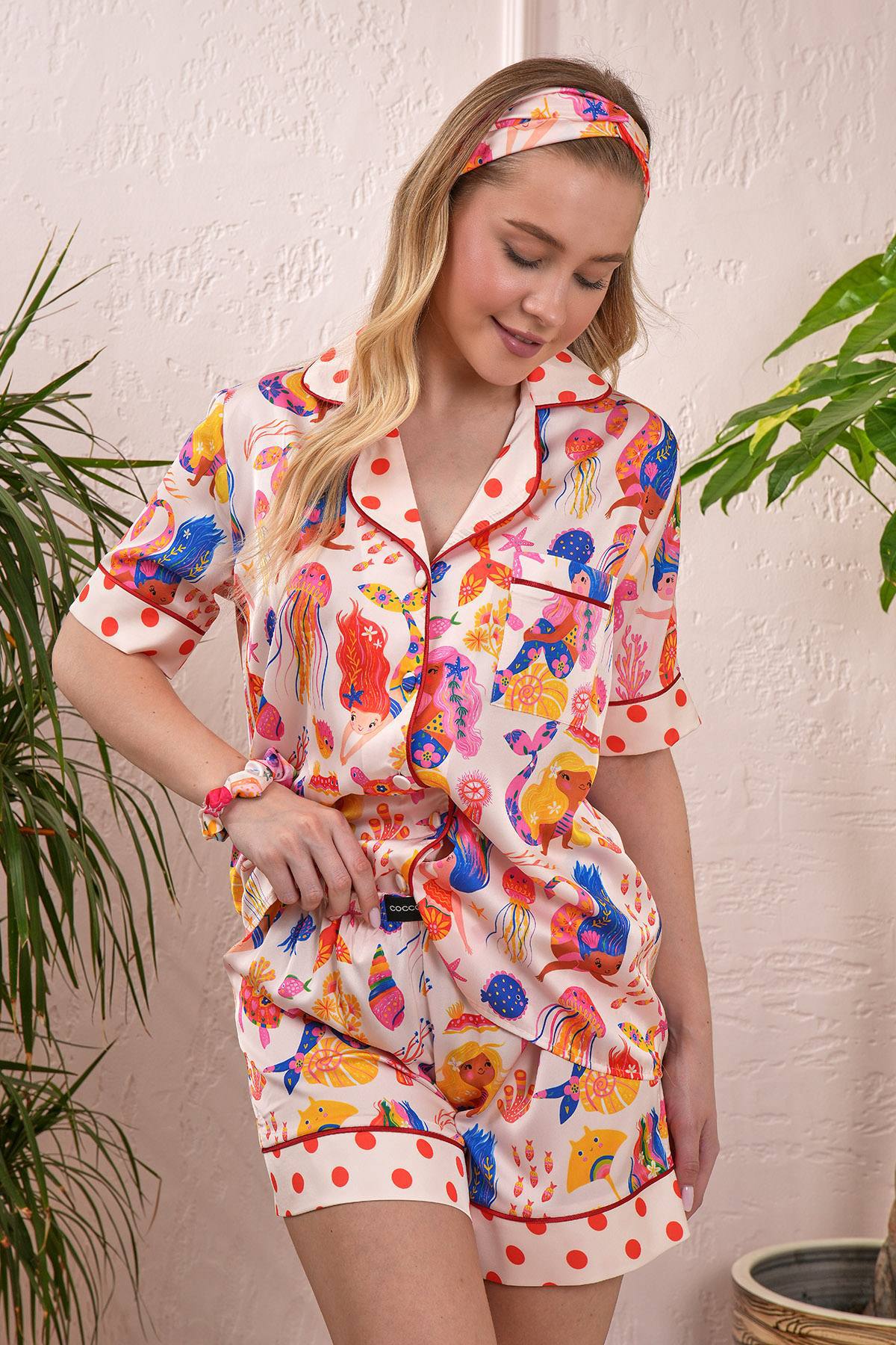 4 Parça Premium Saten Pijama Seti | Toka & Bandana Dahil ✨