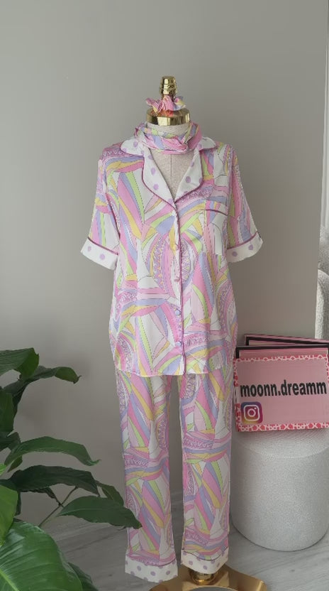 4 Parça Premium Saten Pijama Seti | Toka & Bandana Dahil ✨