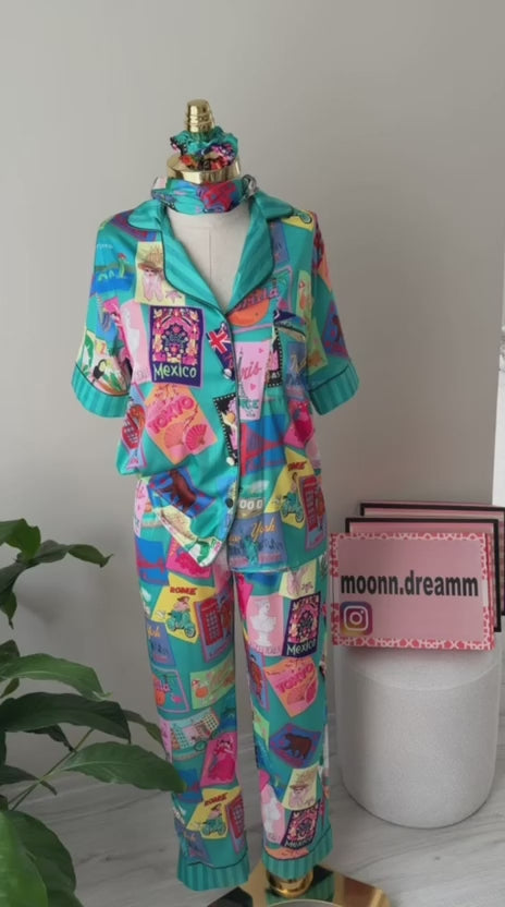 4 Parça Premium Saten Pijama Seti | Toka & Bandana Dahil ✨