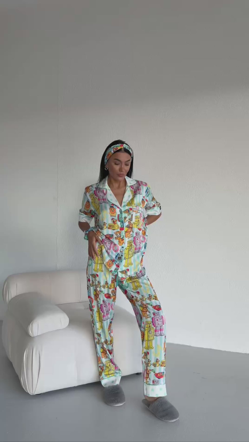 4 Parça Premium Saten Pijama Seti | Toka & Bandana Dahil ✨
